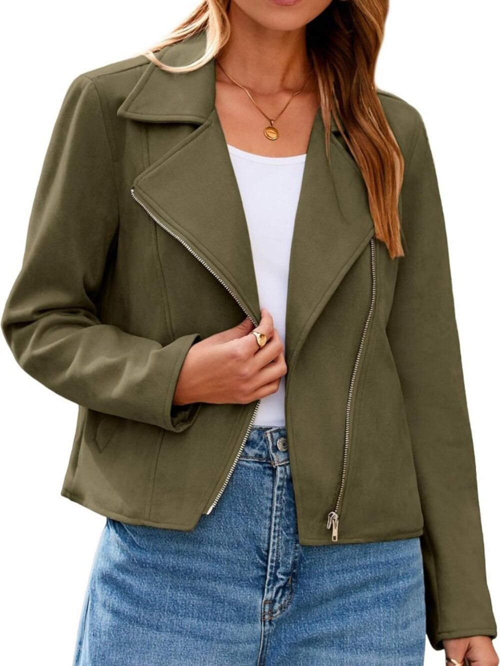Chic Faux Suede Biker Jacket for Women | Long Sleeve Cropped Moto Coat for